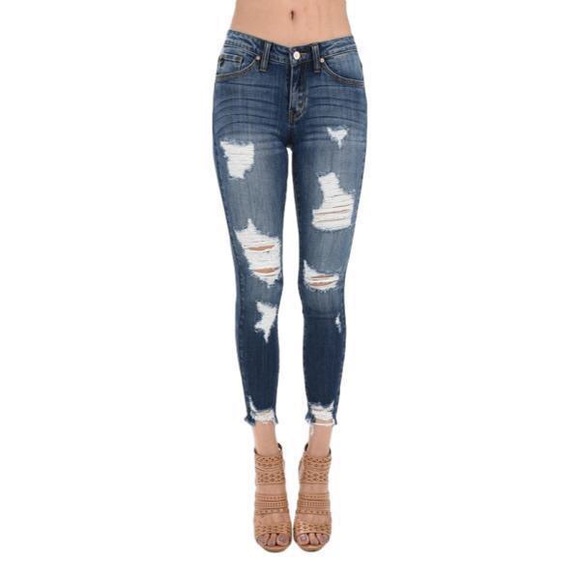 KanCan Med Dark Destroyed Ankle Skinny Denim Jean - Picture 1 of 6